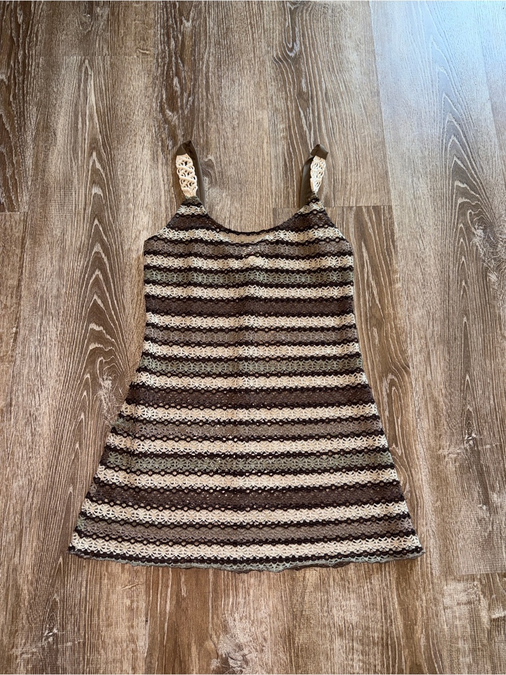 Vintage Y2K Striped Crochet Tank Dress in Brown and Cream